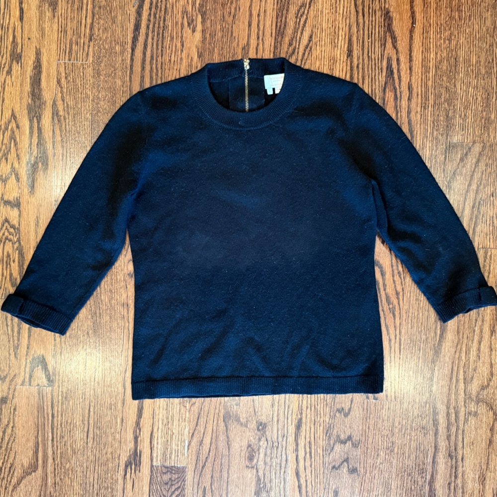 Kate Spade Black‎ Crew Neck Wool Blend Sweater Size Small Bow Cuff Detail Zipper